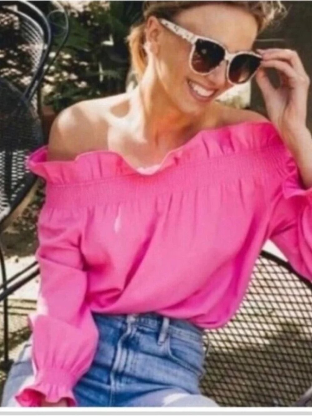 Tuckernuck Pink Ruffled Off the Shoulder Marguerite Long Sleeve Blouse Size S